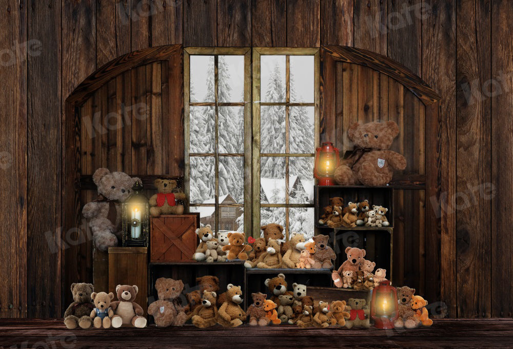 Kate Winter Backdrop Wooden House Bear Toy for Photography - Kate Backdrop AU