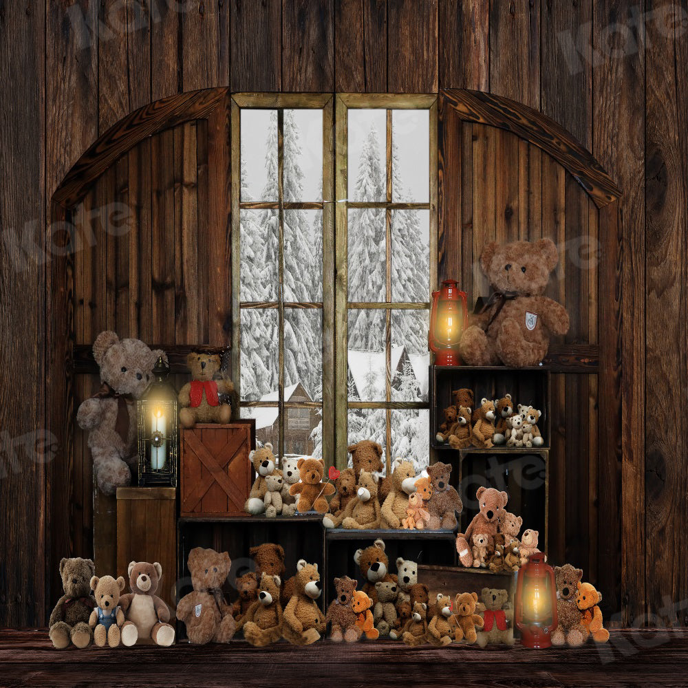 Kate Winter Backdrop Wooden House Bear Toy for Photography - Kate Backdrop AU