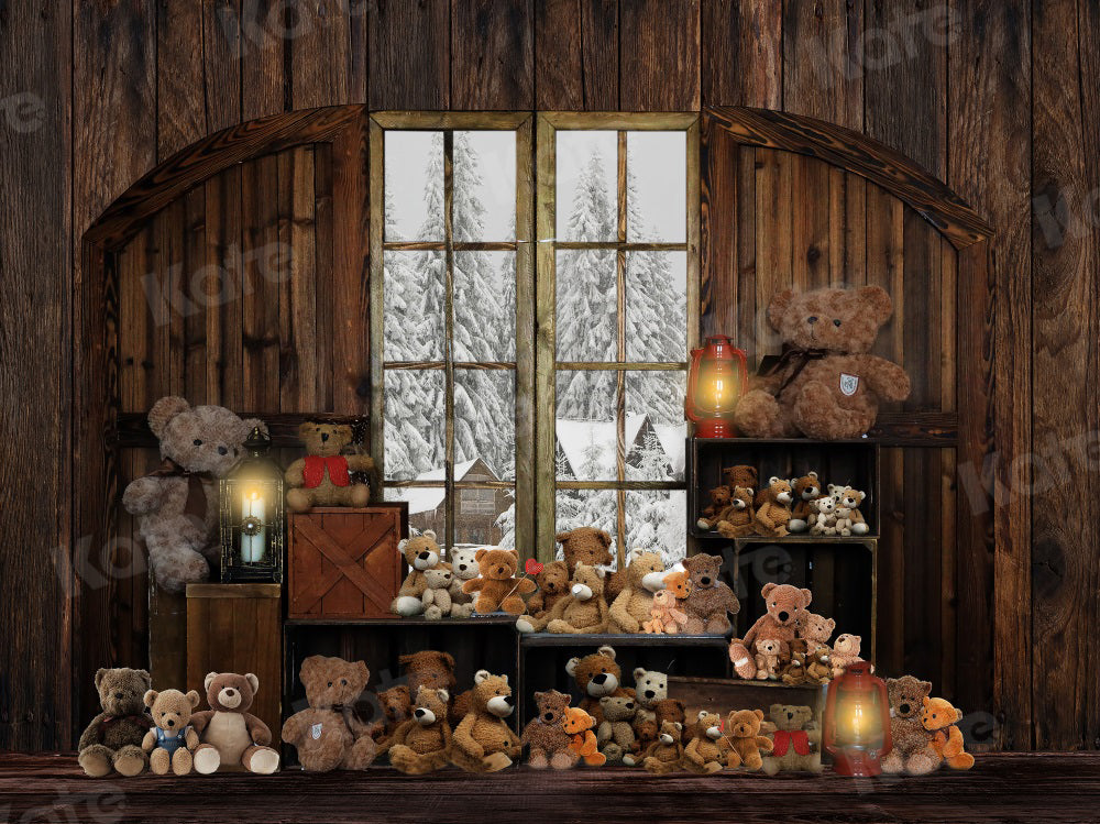 Kate Winter Backdrop Wooden House Bear Toy for Photography - Kate Backdrop AU
