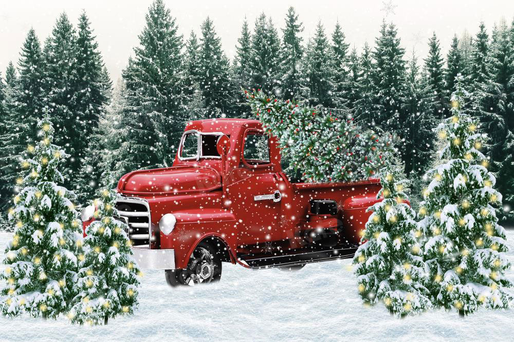 Kate Christmas Snow Backdrop Red Truck Forest for Photography - Kate Backdrop AU