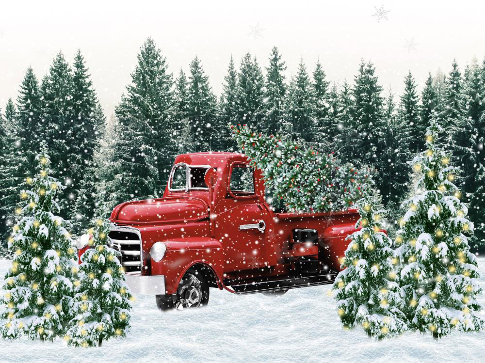 Kate Christmas Snow Backdrop Red Truck Forest for Photography - Kate Backdrop AU