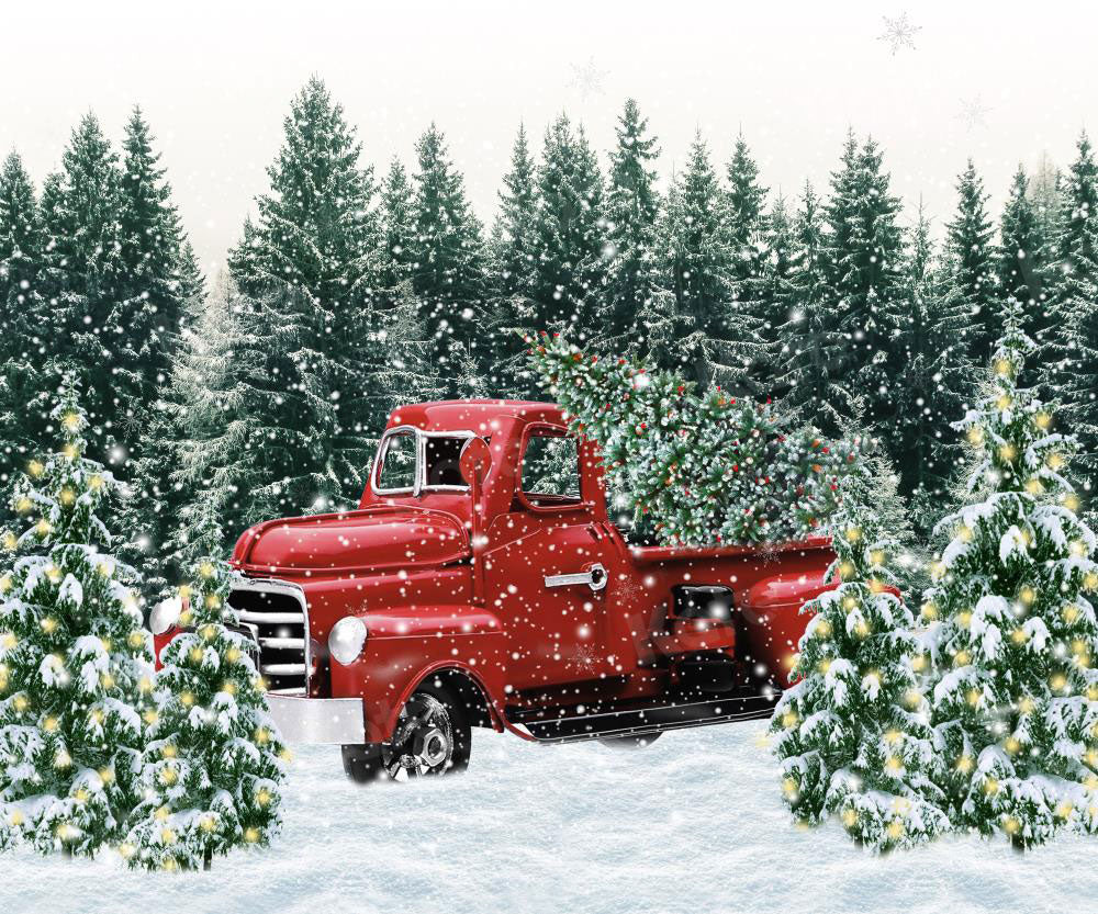 Kate Christmas Snow Backdrop Red Truck Forest for Photography - Kate Backdrop AU