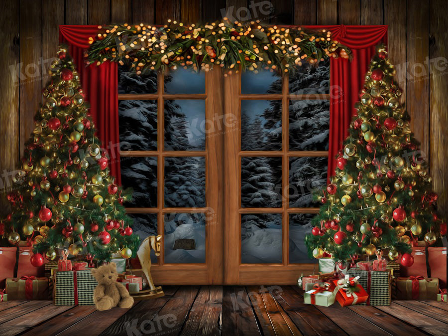 Kate Christmas Tree Backdrop Snow Outside Window for Photography - Kate Backdrop AU