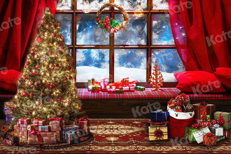 Kate Christmas Tree Gift Backdrop Window Red Tone for Photography - Kate Backdrop AU