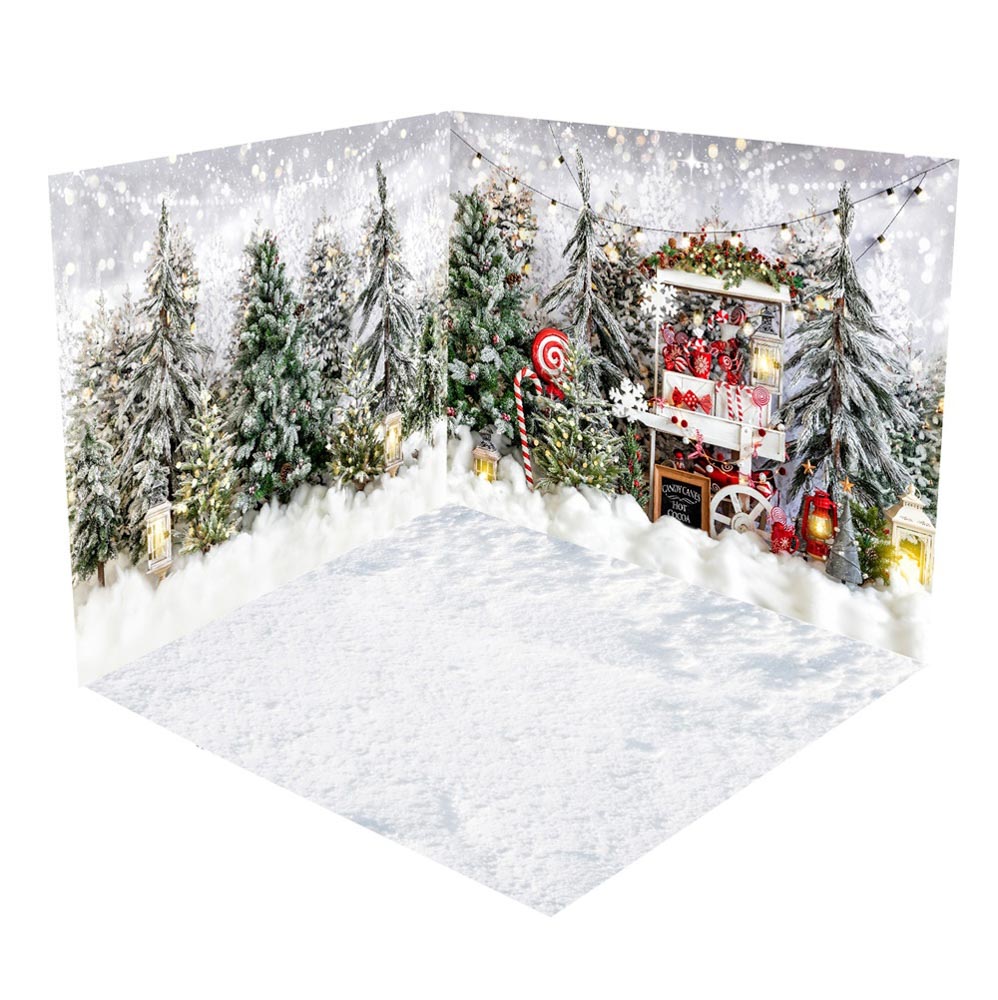 Kate Snow Christmas Forest Truck Candy Bokeh Room Set(8ftx8ft&10ftx8ft&8ftx10ft) - Kate Backdrop AU
