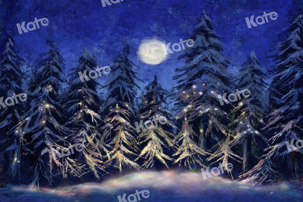 Kate Christmas Backdrop Forest Snow Night Moon Designed by Chain Photography - Kate Backdrop AU