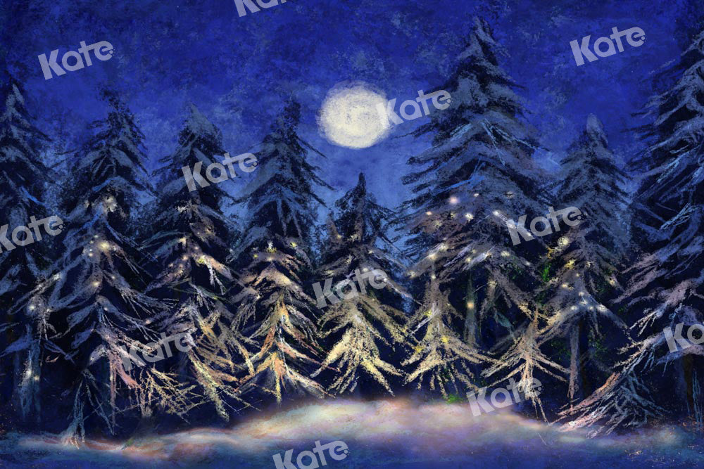 Kate Christmas Backdrop Forest Snow Night Moon Designed by Chain Photography - Kate Backdrop AU