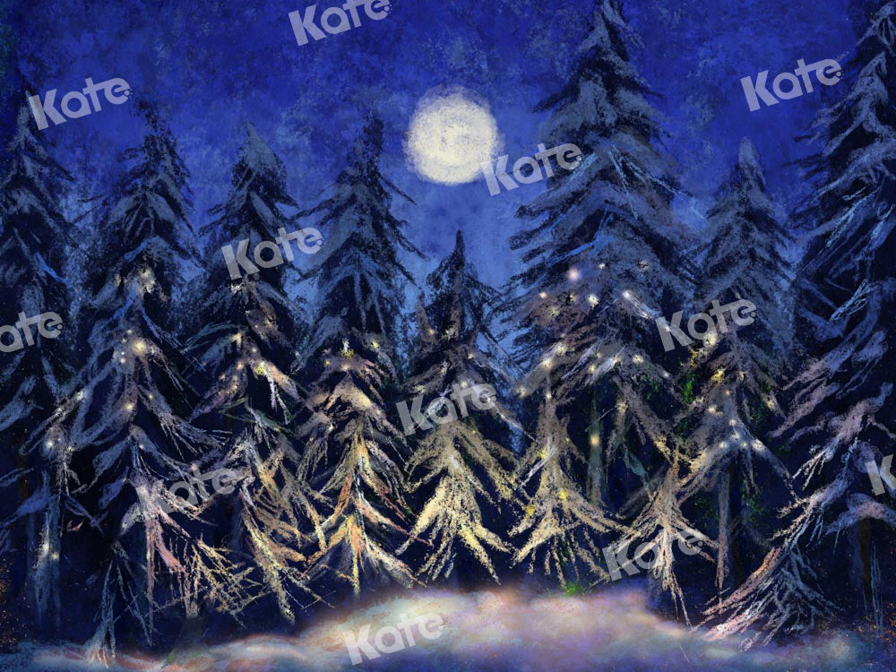 Kate Christmas Backdrop Forest Snow Night Moon Designed by Chain Photography - Kate Backdrop AU