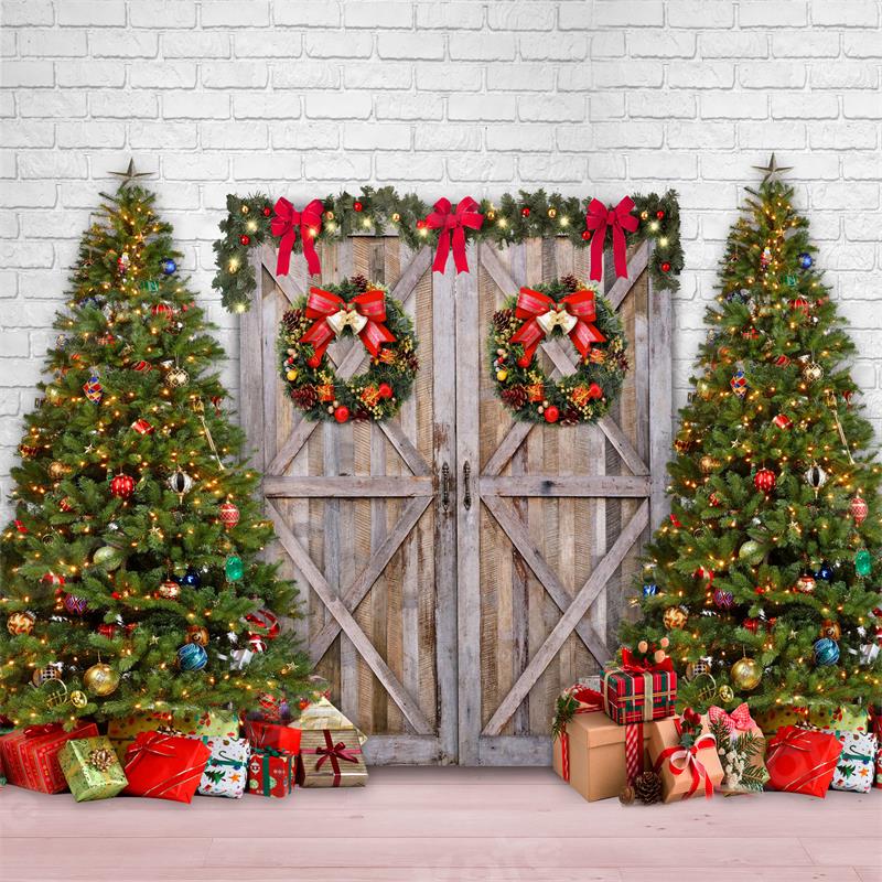 Kate Christmas Tree Gift Backdrop Barn Door White Brick Wall for Photography - Kate Backdrop AU