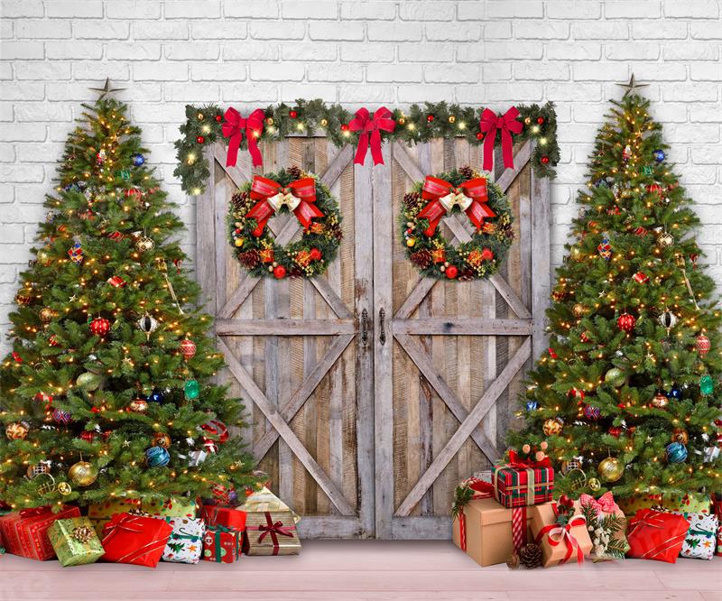 Kate Christmas Tree Gift Backdrop Barn Door White Brick Wall for Photography - Kate Backdrop AU