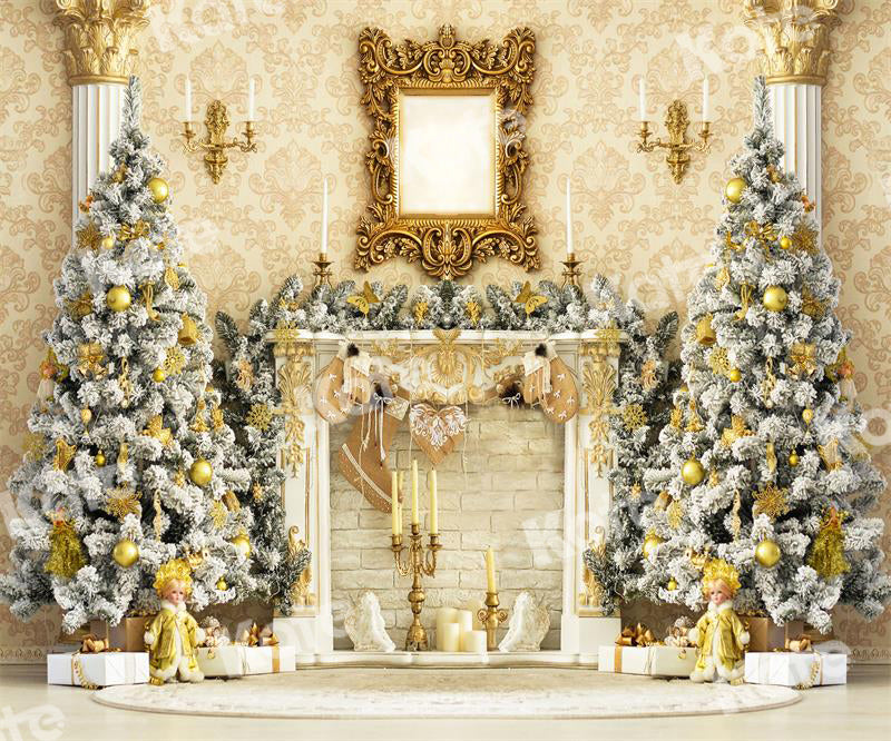 Kate Golden Christmas Backdrop Fireplace Candle for Photography - Kate Backdrop AU