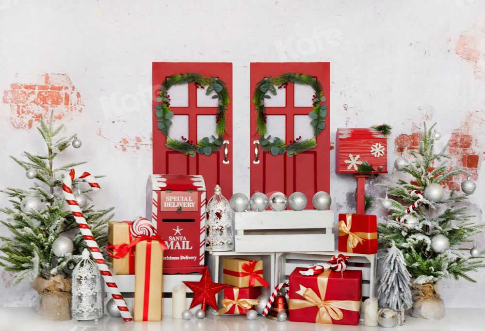 Kate Christmas Backdrop Red Wooden Door Winter Tree Designed by Chain Photography - Kate Backdrop AU