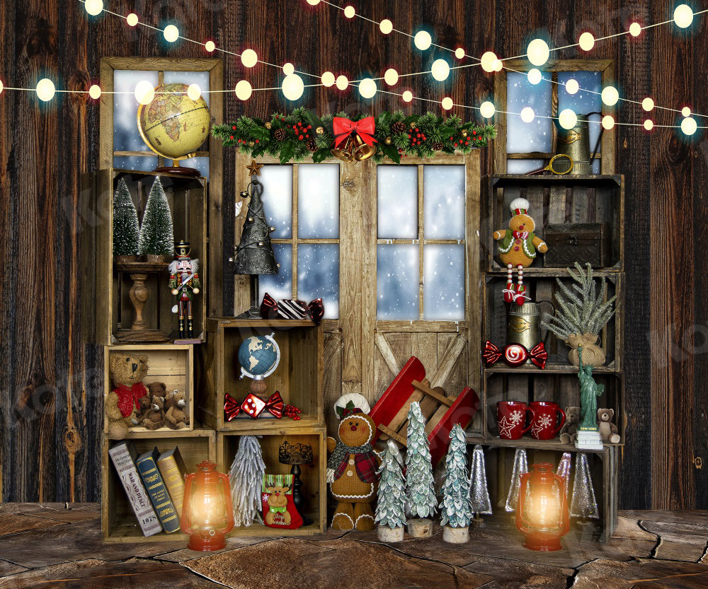 Kate Christmas Backdrop Gingerbread Chalet Lamp Candy for Photography - Kate Backdrop AU