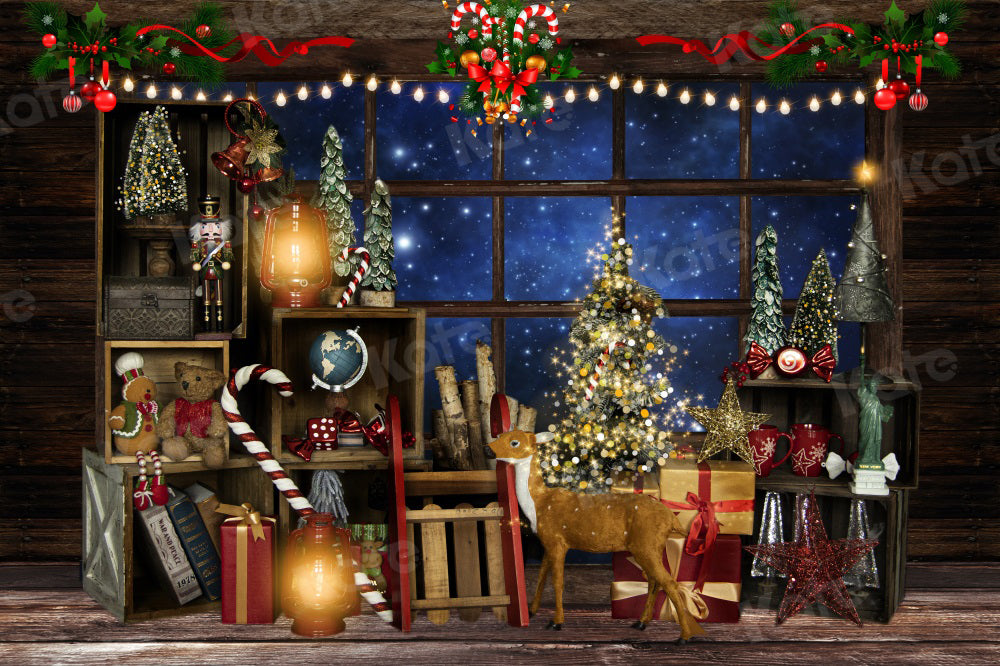 Kate Christmas Night Backdrop Tree Elk Window Starry Sky for Photography - Kate Backdrop AU