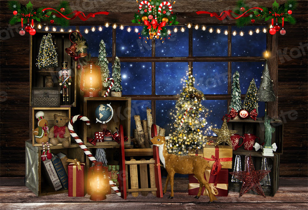 Kate Christmas Night Backdrop Tree Elk Window Starry Sky for Photography - Kate Backdrop AU