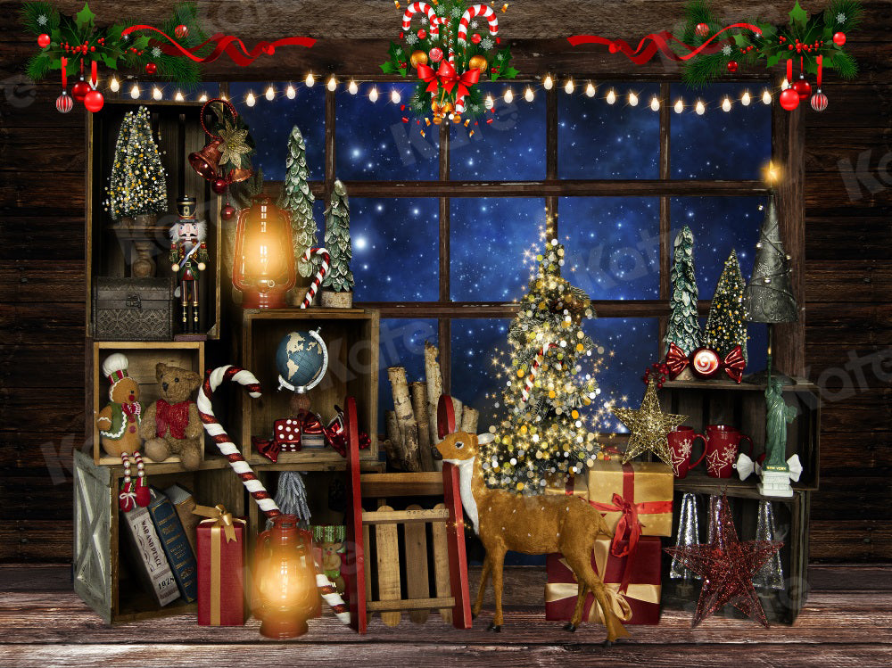 Kate Christmas Night Backdrop Tree Elk Window Starry Sky for Photography - Kate Backdrop AU