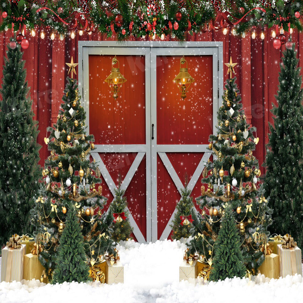 Kate Christmas Tree Backdrop Red Door Snow for Photography - Kate Backdrop AU