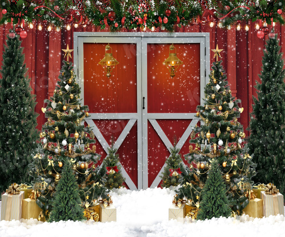 Kate Christmas Tree Backdrop Red Door Snow for Photography - Kate Backdrop AU