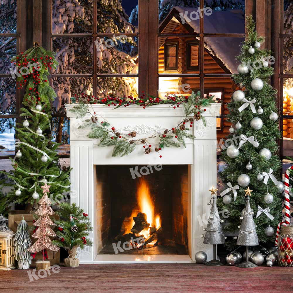 Kate Christmas Eve Backdrop Fireplace Snow Scene Designed by Emetselch - Kate Backdrop AU