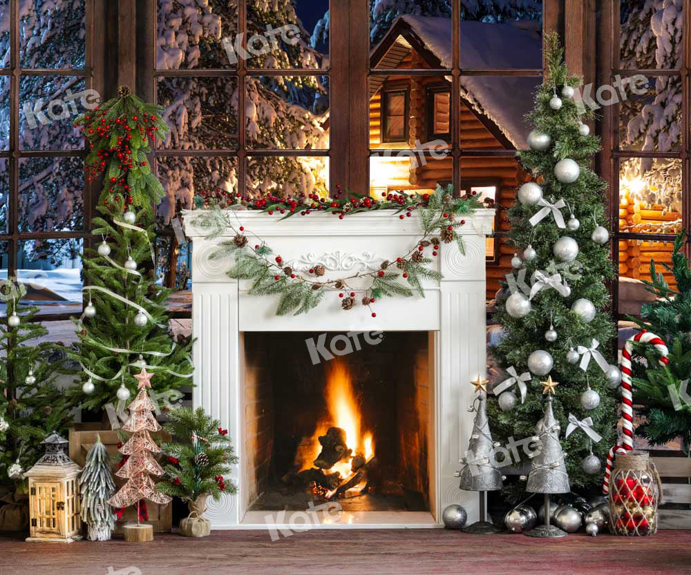 Kate Christmas Eve Backdrop Fireplace Snow Scene Designed by Emetselch - Kate Backdrop AU