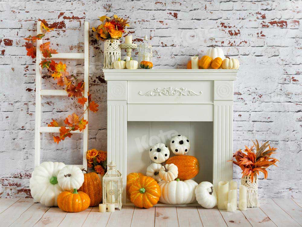 Kate White Fireplace Backdrop Brick Wall Pumpkin Autumn Designed by Emetselch - Kate Backdrop AU