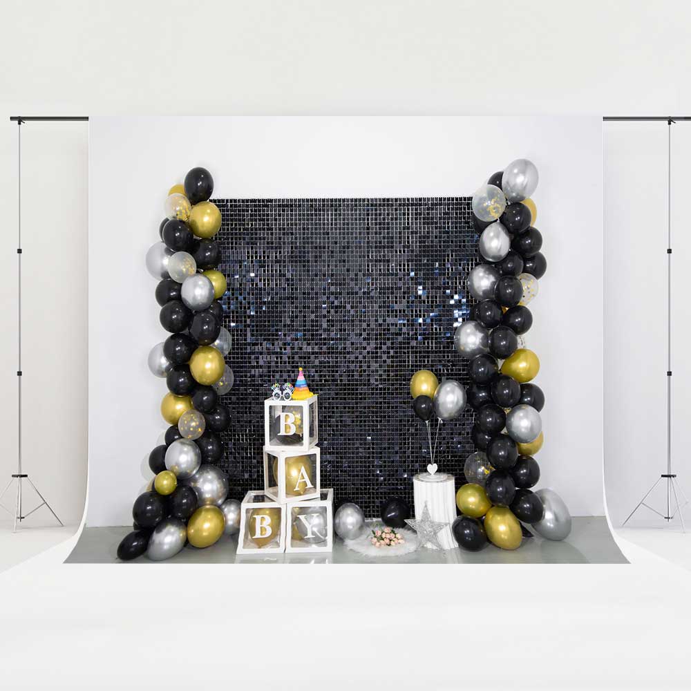 Kate Balloon Biryhday Backdrop Black Gold Cake Smash Party Designed by Emetselch - Kate Backdrop AU