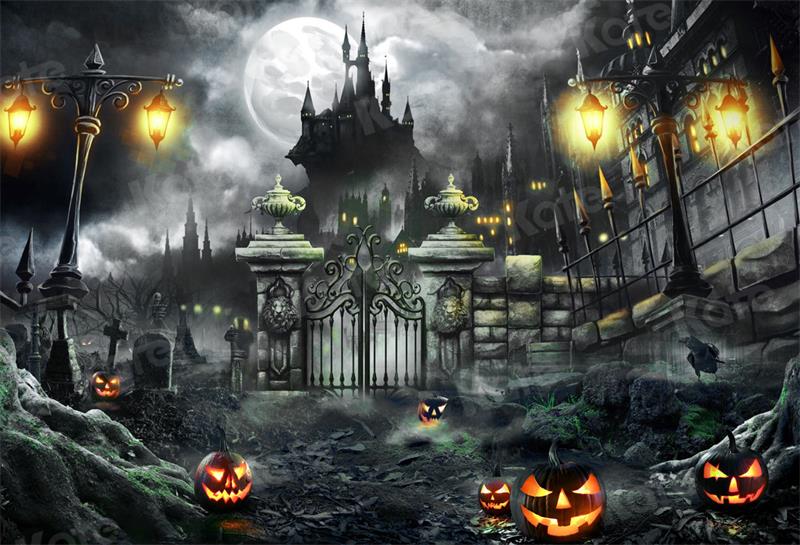 Kate Halloween Pumpkin Backdrop Castle Night Moon for Photography - Kate Backdrop AU
