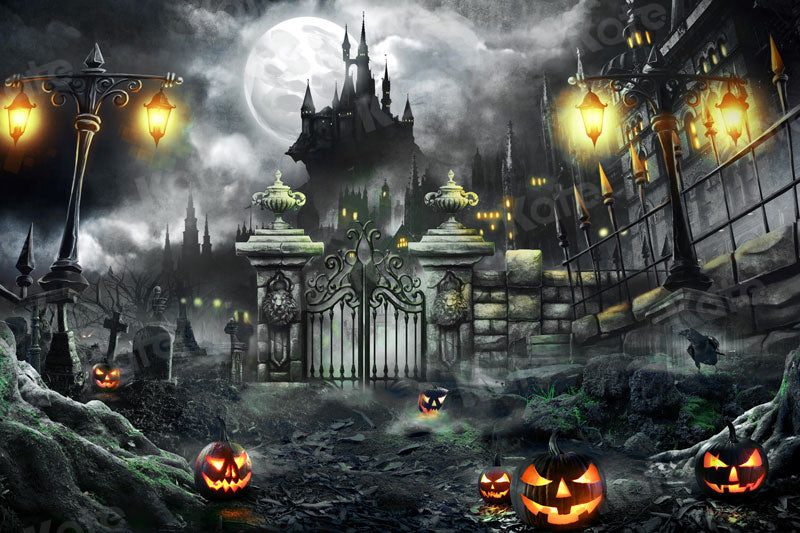 Kate Halloween Pumpkin Backdrop Castle Night Moon for Photography - Kate Backdrop AU