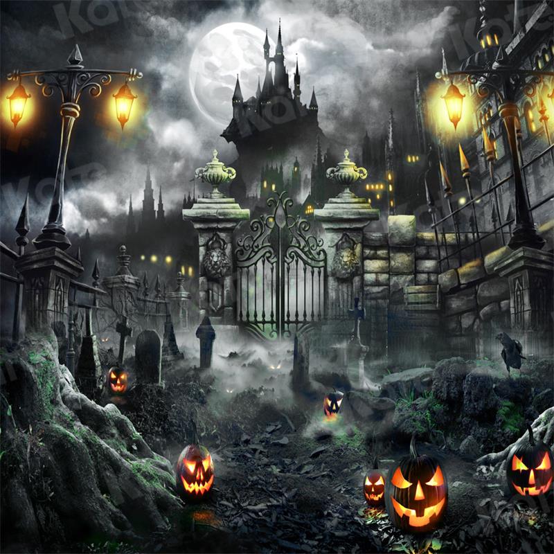 Kate Halloween Pumpkin Backdrop Castle Night Moon for Photography - Kate Backdrop AU