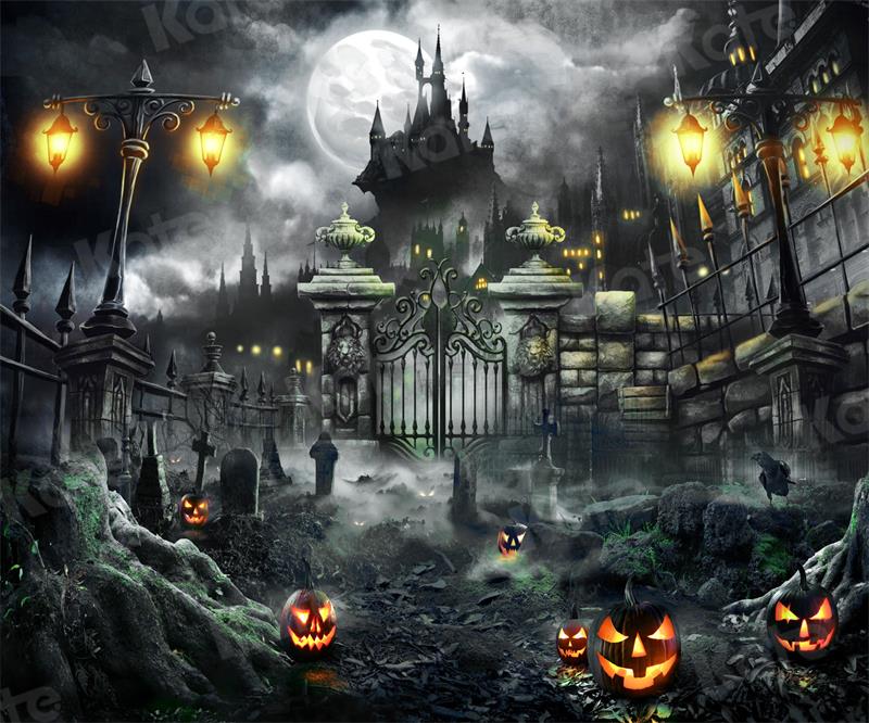 Kate Halloween Pumpkin Backdrop Castle Night Moon for Photography - Kate Backdrop AU