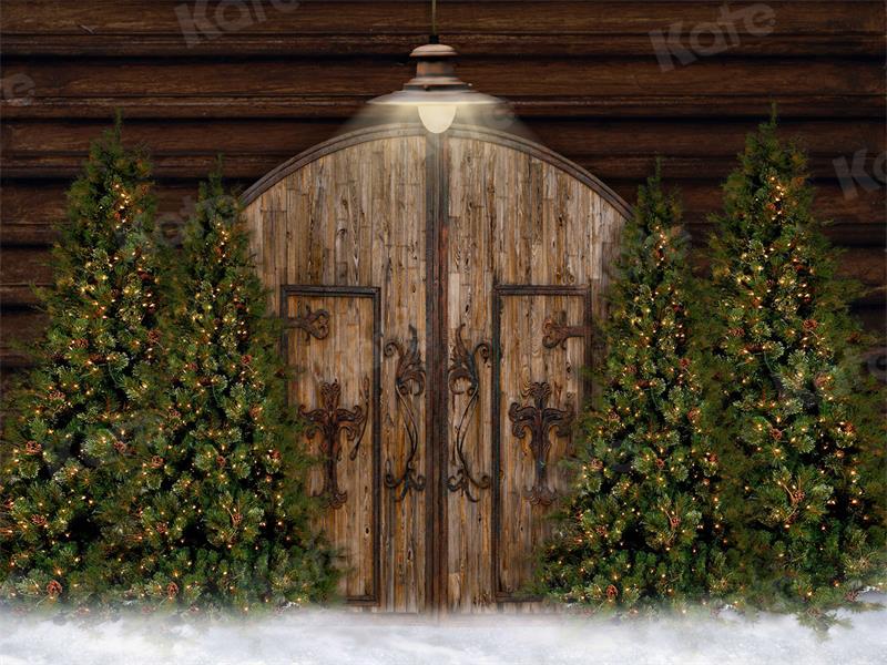 Kate Christmas Tree Backdrop Snow Door Wood Grain for Photography - Kate Backdrop AU