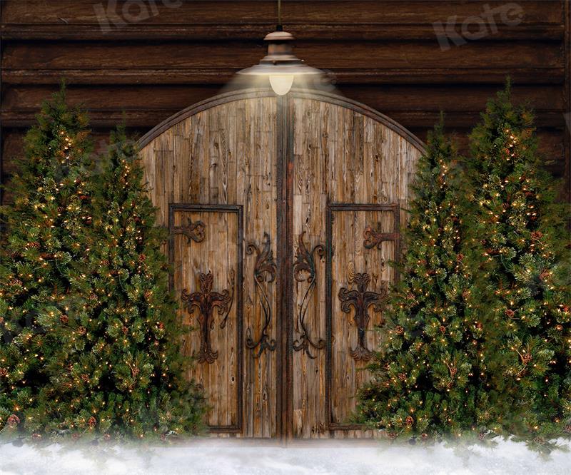 Kate Christmas Tree Backdrop Snow Door Wood Grain for Photography - Kate Backdrop AU