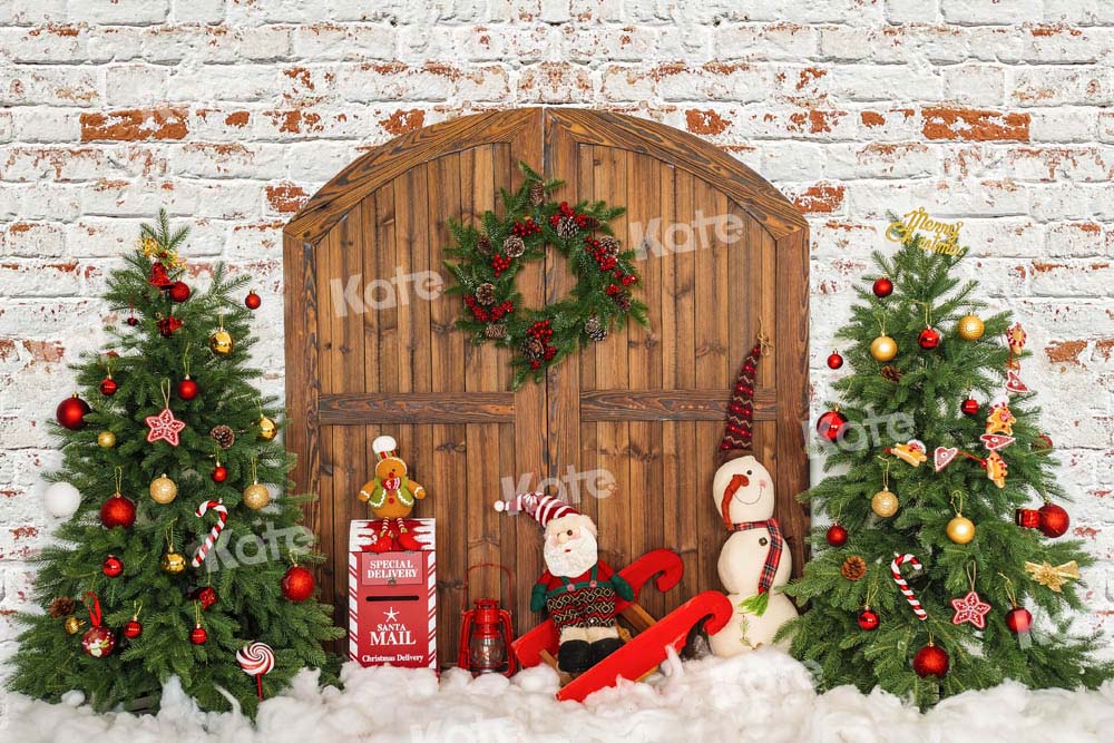 Kate Christmas Backdrop Brick Wall Barn Door Designed by Emetselch - Kate Backdrop AU
