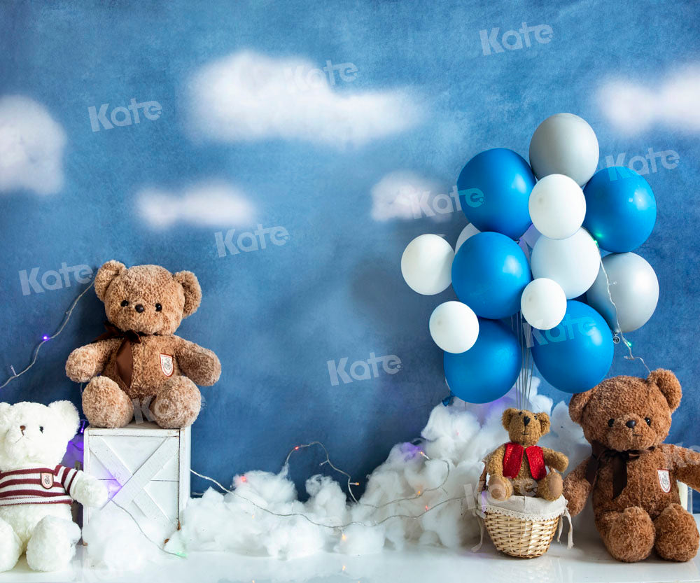 Kate Bear Balloon Travel Backdrop Birthday Blue Designed by Emetselch - Kate Backdrop AU