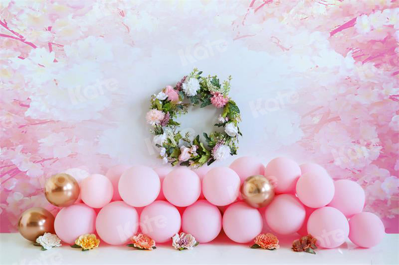 Kate Pink Balloon Floral Backdrop Cake Smash for Photography - Kate Backdrop AU