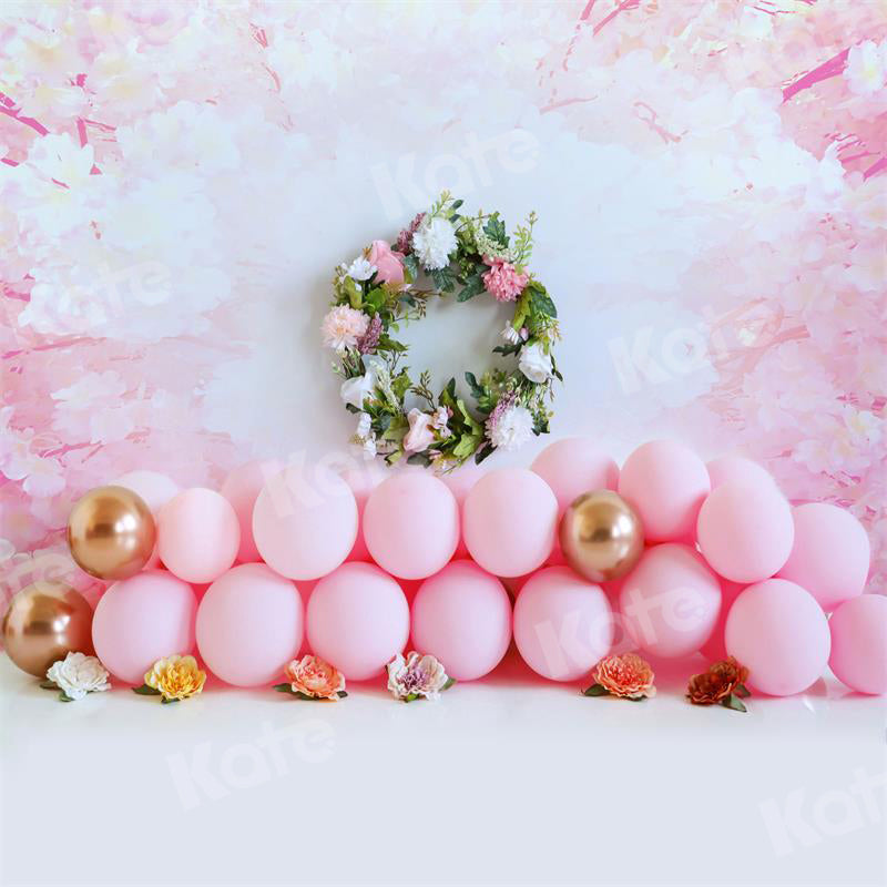 Kate Pink Balloon Floral Backdrop Cake Smash for Photography - Kate Backdrop AU