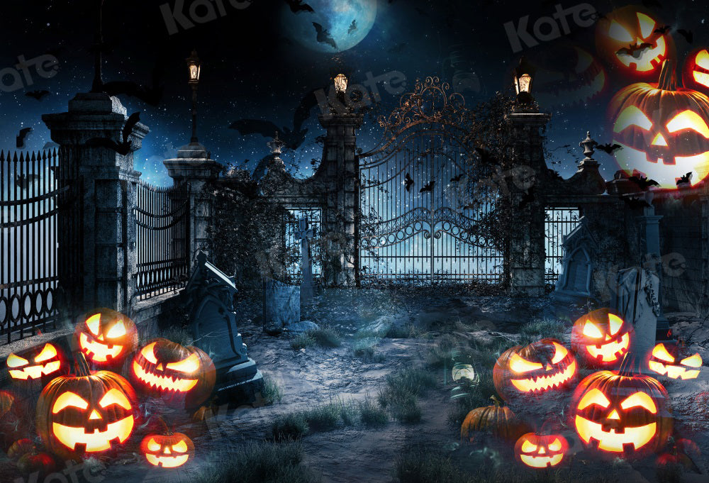 Kate Halloween Pumpkin Backdrop Moon Bat for Photography - Kate Backdrop AU