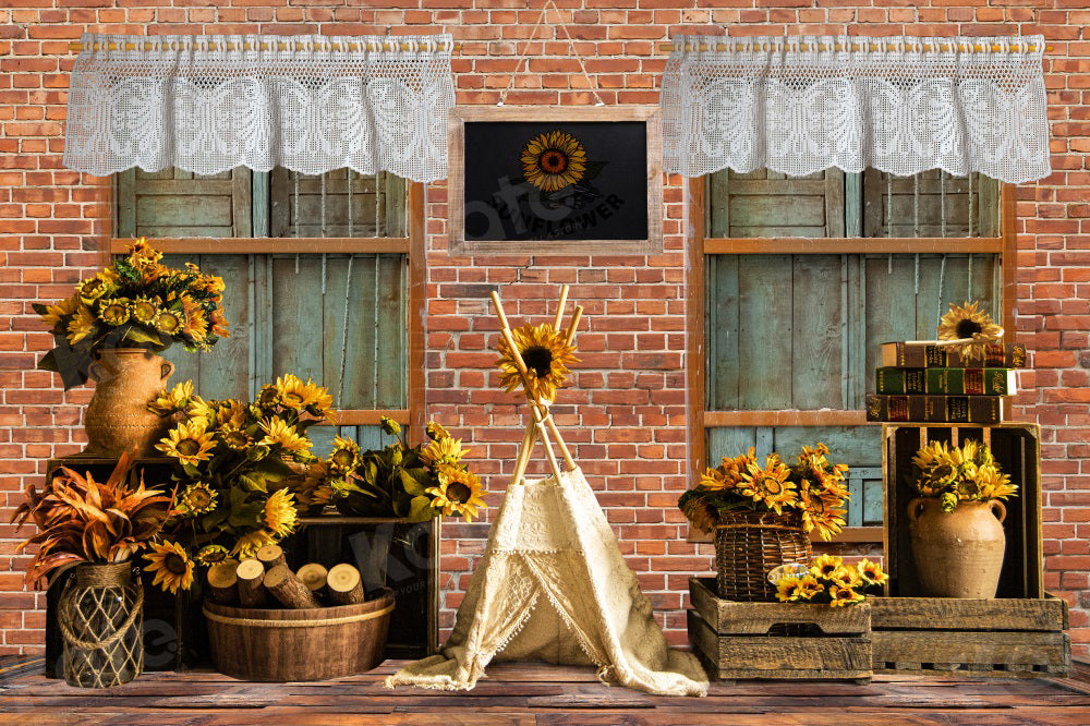 Kate Autumn Retro Backdrop Brick Wall Sunflower Tent for Photography - Kate Backdrop AU