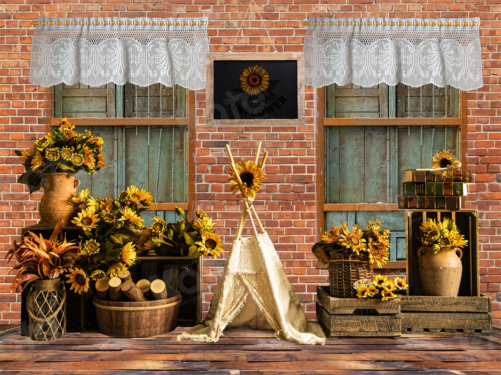 Kate Autumn Retro Backdrop Brick Wall Sunflower Tent for Photography - Kate Backdrop AU