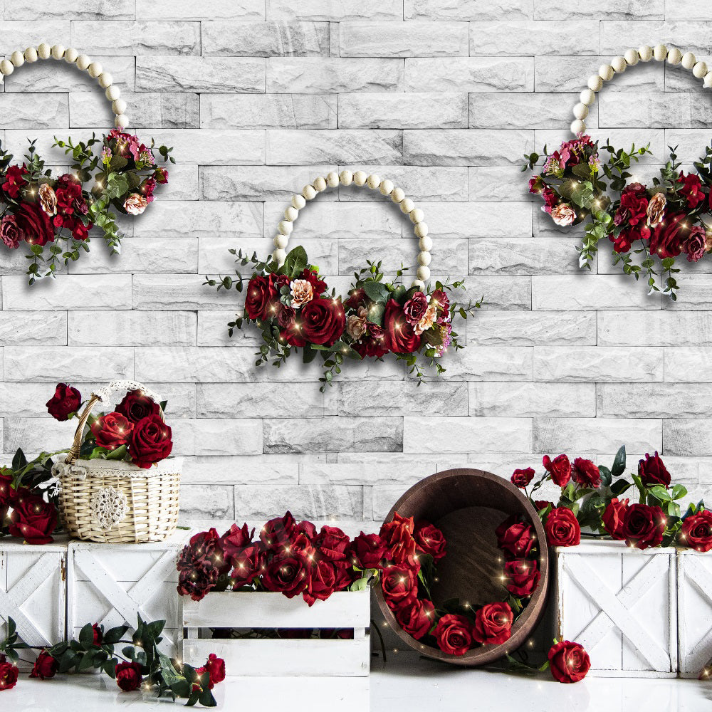 Kate Valentine's Day Rose Selling White Brick Wall Backdrop for Photography - Kate Backdrop AU
