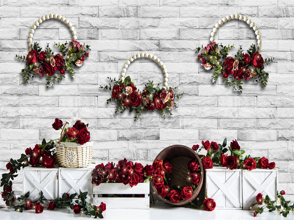 Kate Valentine's Day Rose Selling White Brick Wall Backdrop for Photography - Kate Backdrop AU