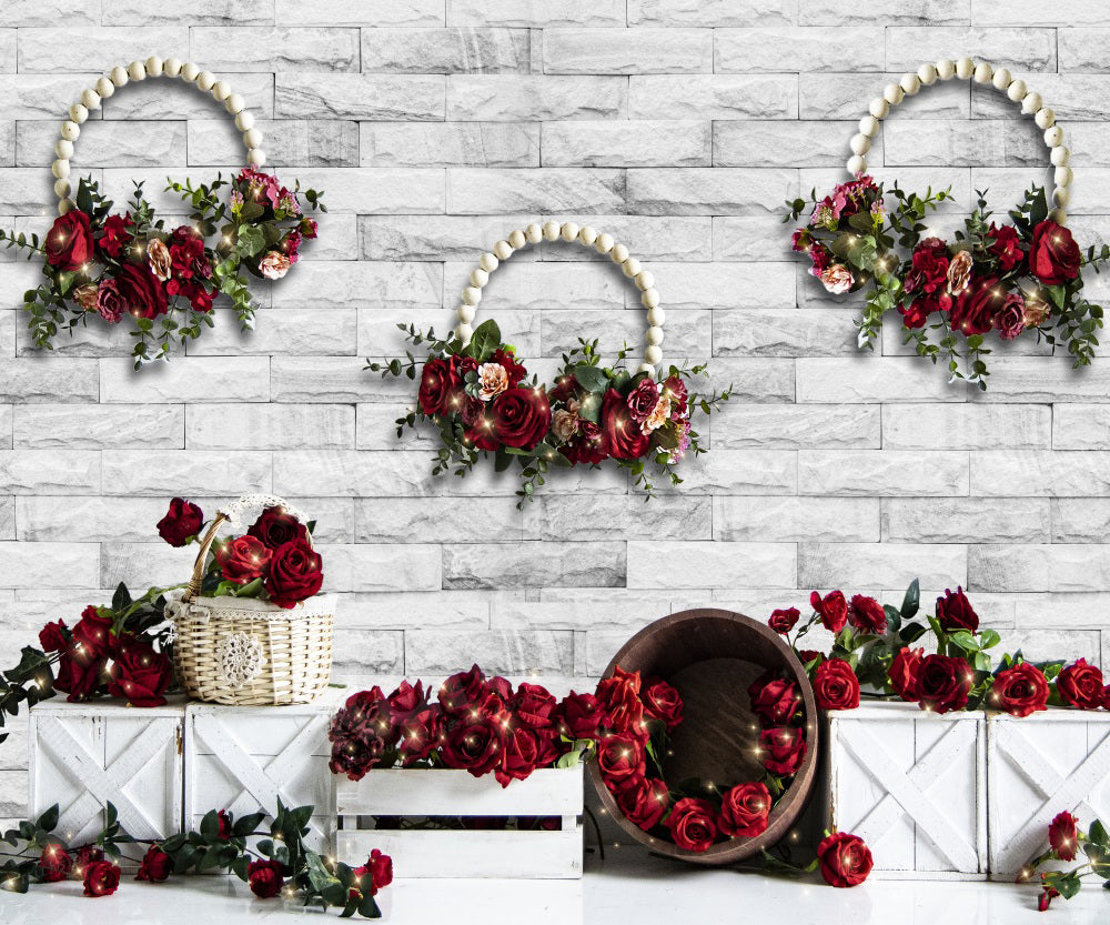 Kate Valentine's Day Rose Selling White Brick Wall Backdrop for Photography - Kate Backdrop AU