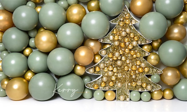 Kate Christmas Tree Balloon Wall Backdrop Gold Green Sage for Photography Designed by Kerry Anderson - Kate Backdrop AU
