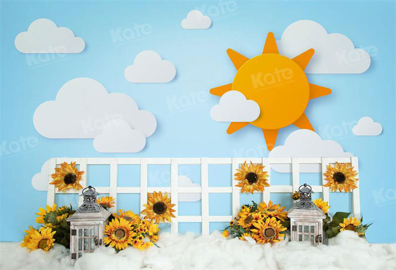 Kate Autumn Sun Fence Sunflower Cloud Sky Backdrop for Photography - Kate Backdrop AU