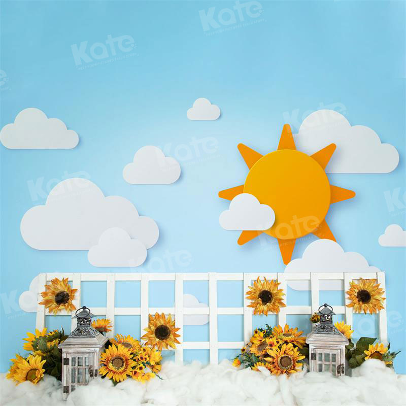 Kate Autumn Sun Fence Sunflower Cloud Sky Backdrop for Photography - Kate Backdrop AU