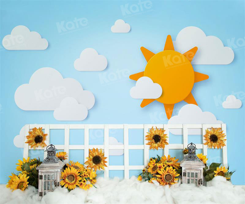 Kate Autumn Sun Fence Sunflower Cloud Sky Backdrop for Photography - Kate Backdrop AU