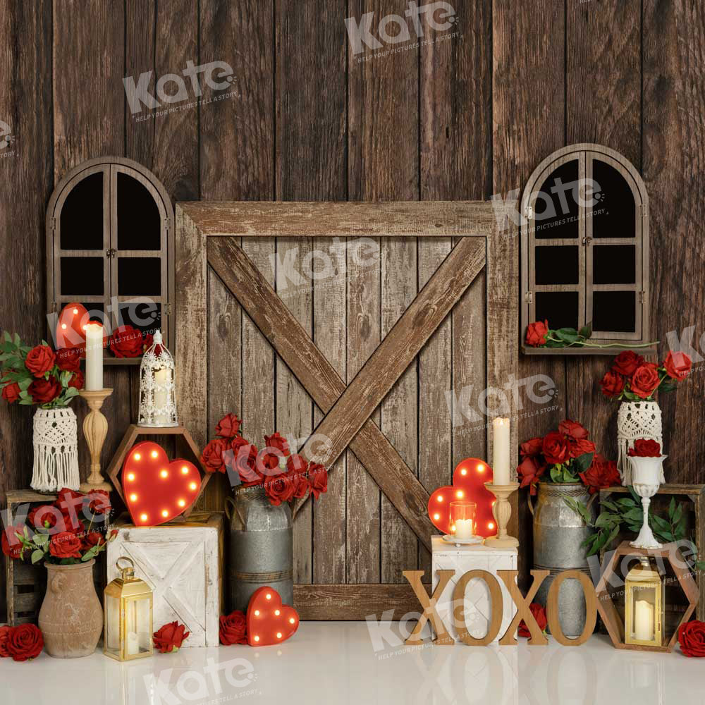 Kate Spring Valentine's Day Backdrop Rose Indoor Wood Grain Designed by Emetselch - Kate Backdrop AU