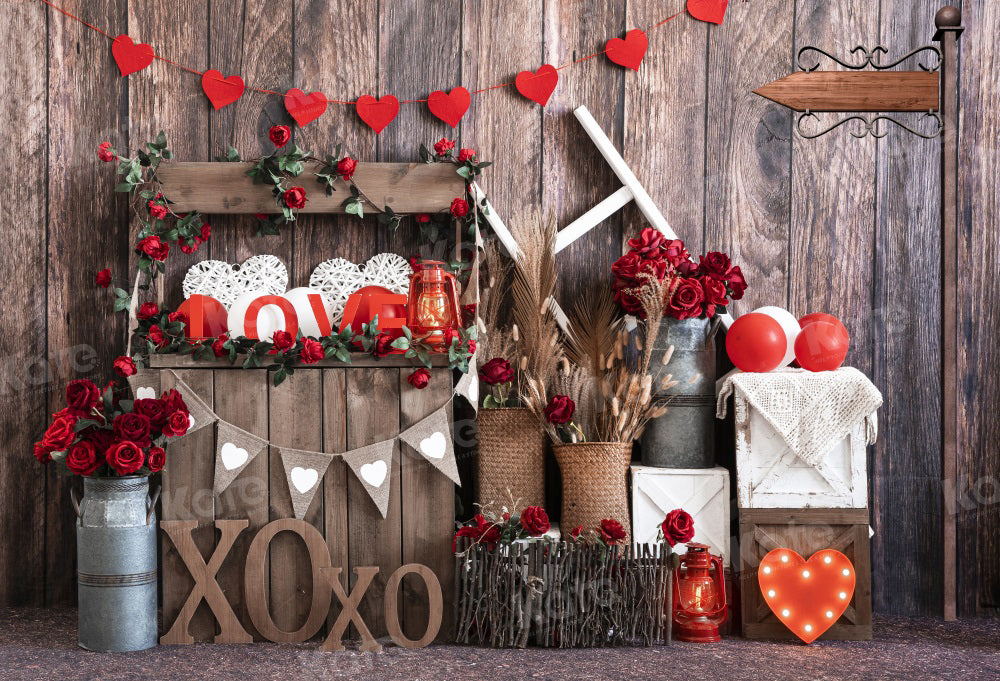 Kate Valentine's Day Vintage Wood XOXO Rose Store Backdrop for Photography - Kate Backdrop AU