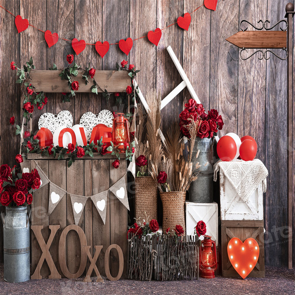 Kate Valentine's Day Vintage Wood XOXO Rose Store Backdrop for Photography - Kate Backdrop AU