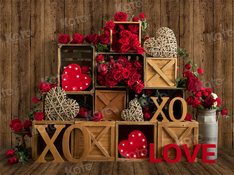 Kate Valentine's Day XOXO Rose Retro Wood Backdrop for Photography - Kate Backdrop AU